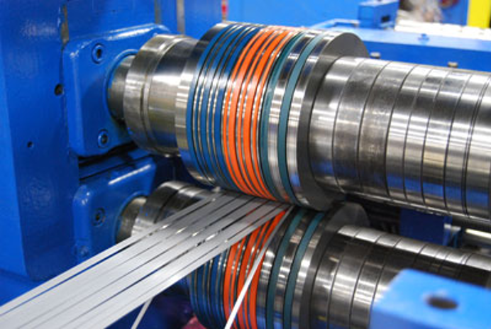 Grade 304 stainless steel being slit at a manufacturing facility in St Louis, Missouri